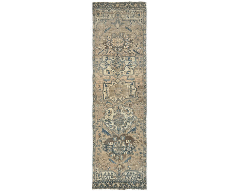 11 Ft Vintage Brown Persian Style Hand Knotted Low Pile Wool Runner Rug